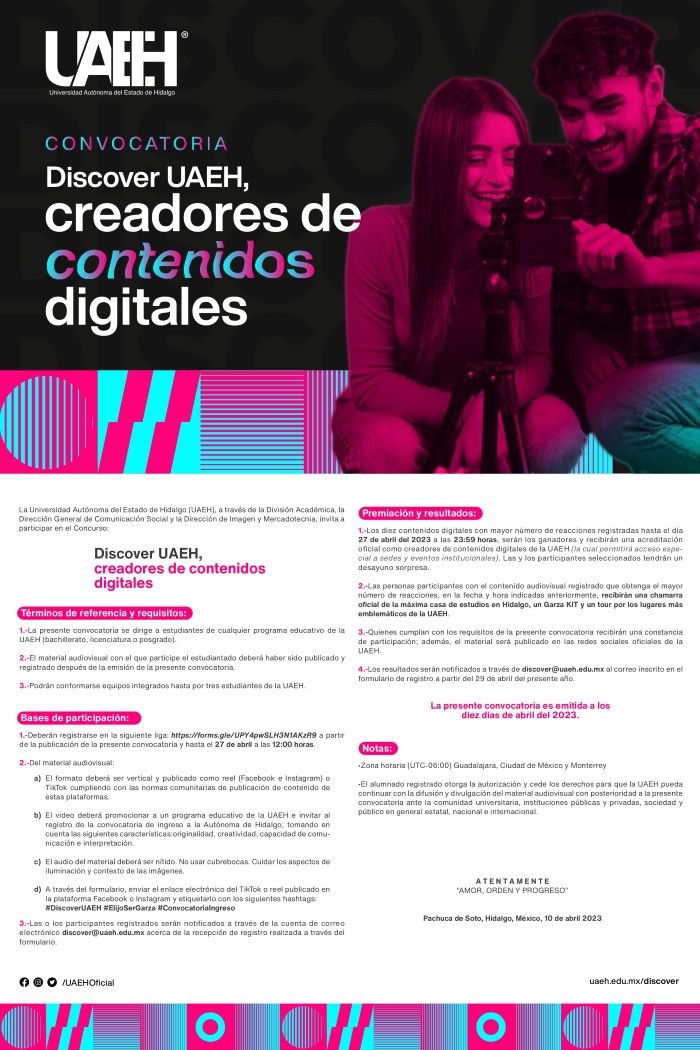 Convoca UAEH a Alumnado Garza Creador De Contenido Digital