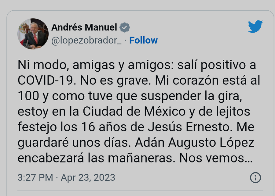 El Presidente Andrés Manuel López Obrador Dio Positivo a Covid-19, Suspende Gira De Trabajo en el Estado de Yucatán.