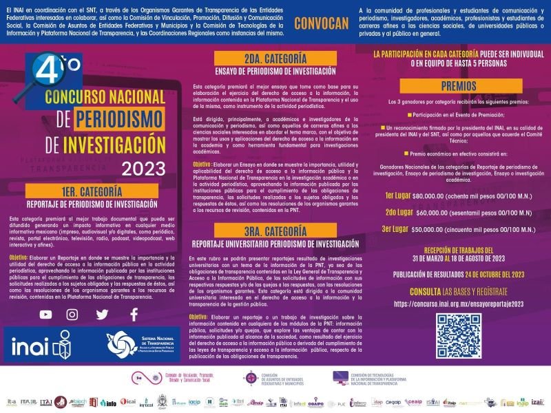 Convocan INAI y ITAHI al Concurso Nacional de Periodismo de Investigación 2023, ya Está Abierto en Tres Categorías