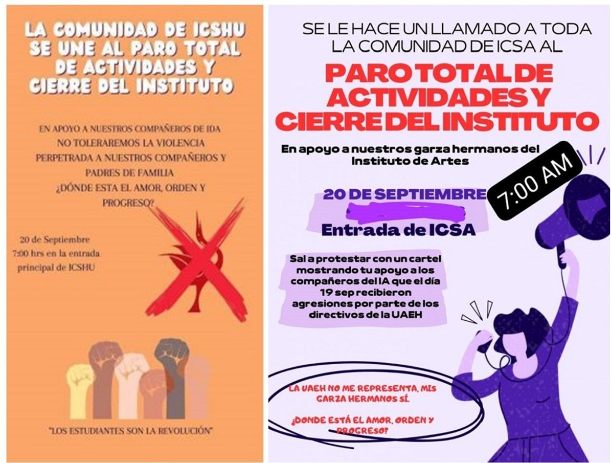 Estudiantes del ICSHu, ICEA, ICSa, ICBI e ICAP, Convocaron a Paro General de Labores en la UAEH por Agresión a sus Compañeros del Instituto de Artes