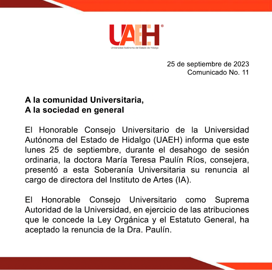 Acepta el Consejo Universitario la Renuncia de María Teresa Paulín como Directora del Instituto de Artes de la UAEH