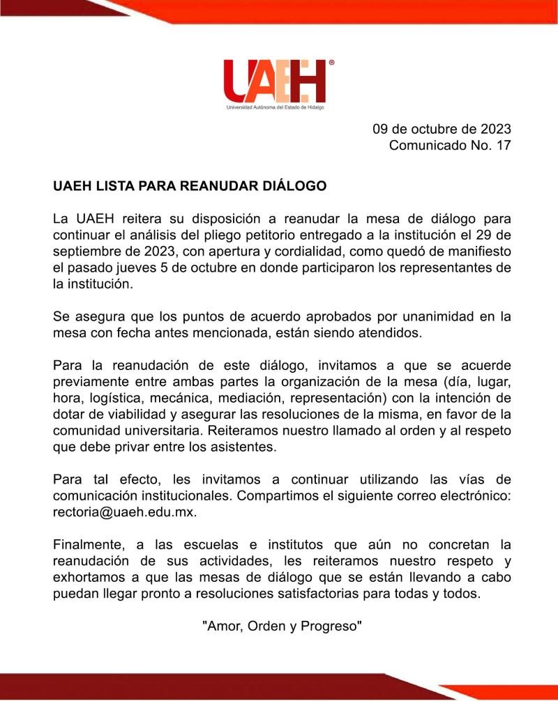 UAEH Lista Para Reanudar Diálogo