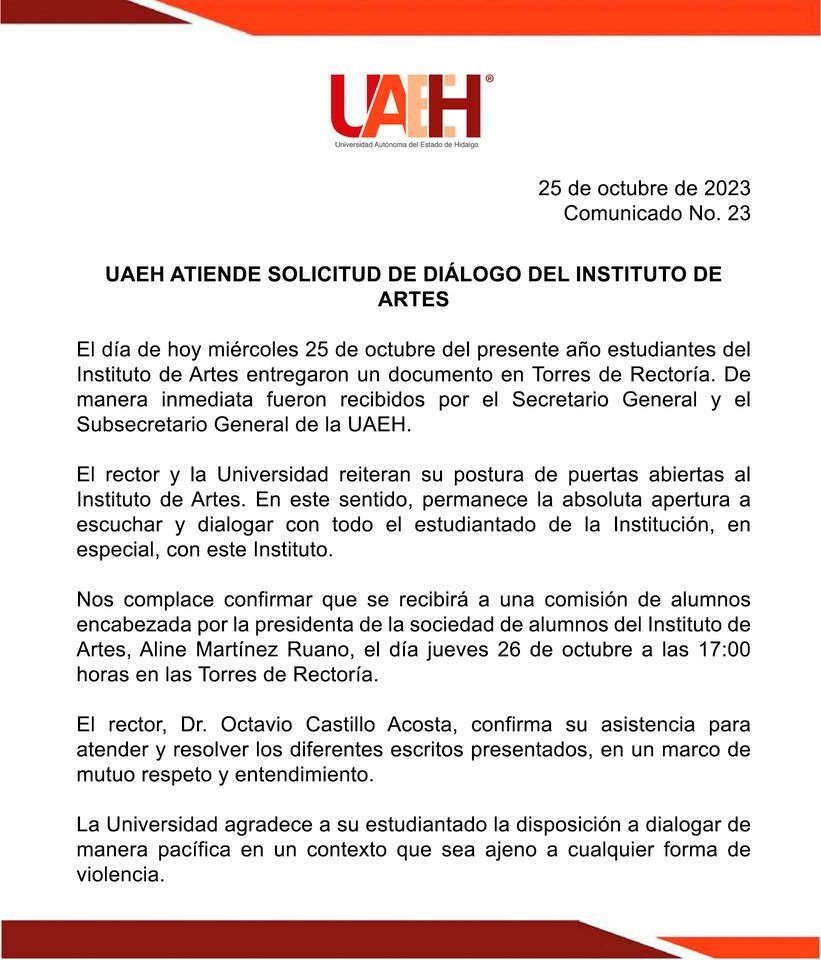 Este Jueves el Rector Octavio Castillo Recibirá a Estudiantes del Instituto de Artes, Encabezados por la Presidenta de la Sociedad de Alumnos