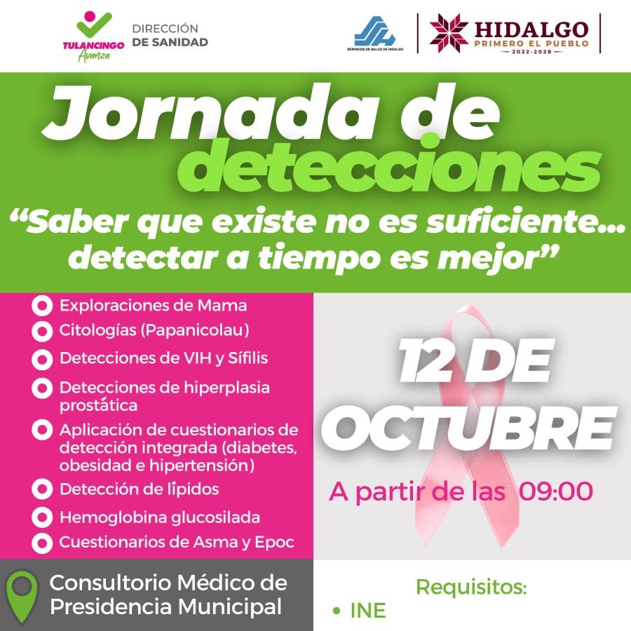 Sanidad Municipal de Tulancingo Realizará Jornada de Detecciones
