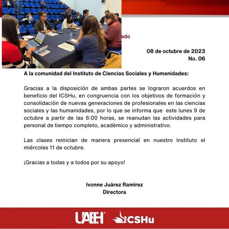 Se Han Logrado Acuerdos en Beneficio del Icshu, los Alumnos Volverán a Clases el Miércoles 11 de Octubre