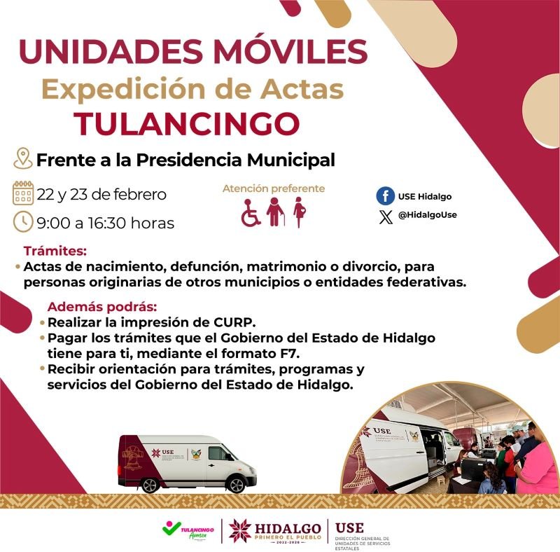 Unidad Móvil de Expedición de Actas, Estará El 22 y 23 de Febrero en Tulancingo