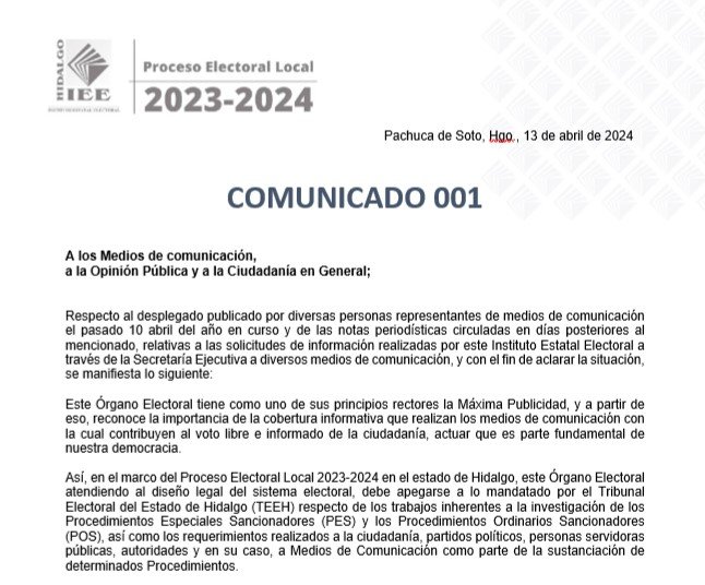 Aclara el “IEEH no ha Solicitado de Ninguna Forma Modificación o Alteración de Nota Periodística o Línea Editorial Alguna, Ni Mucho Menos La Limitación del Ejercicio Periodístico”.