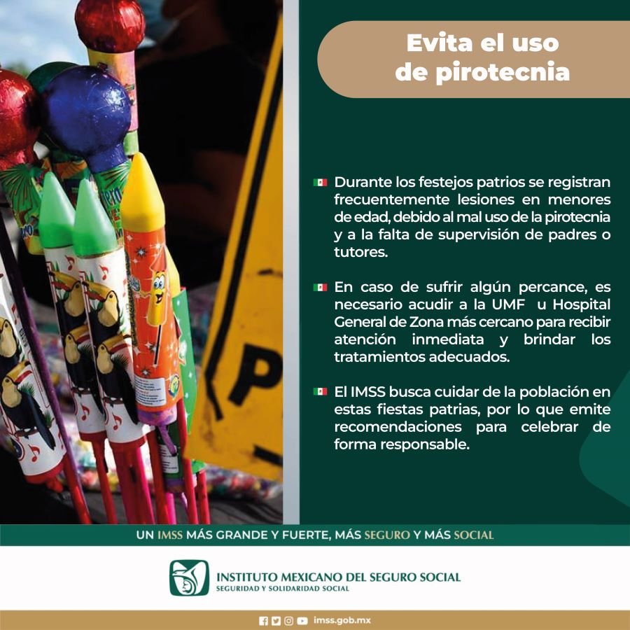 Llama IMSS Hidalgo a la población a evitar uso de pirotecnia durante las Fiestas Patrias