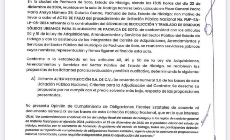 El Ayuntamiento de Pachuca Designo a la Empresa Marsacot S. A. de C. Para la Recolección de Basura.  Firmará un Contrato, No Otorga Concesión