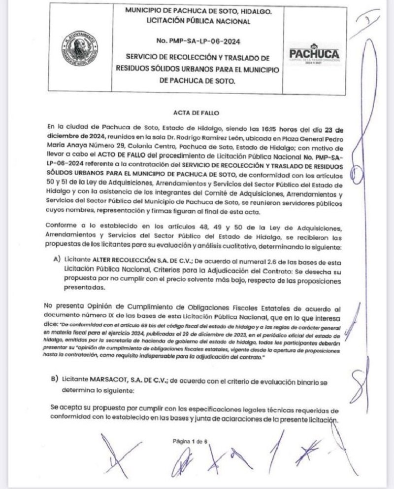 El Ayuntamiento de Pachuca Designo a la Empresa Marsacot S. A. de C. Para la Recolección de Basura.  Firmará un Contrato, No Otorga Concesión