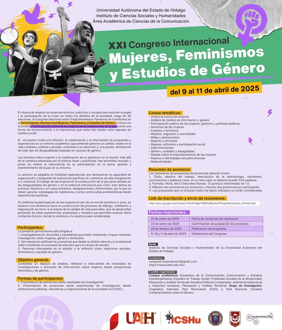 Invita UAEH a Congreso Internacional Mujeres, Feminismos y Estudios de Género