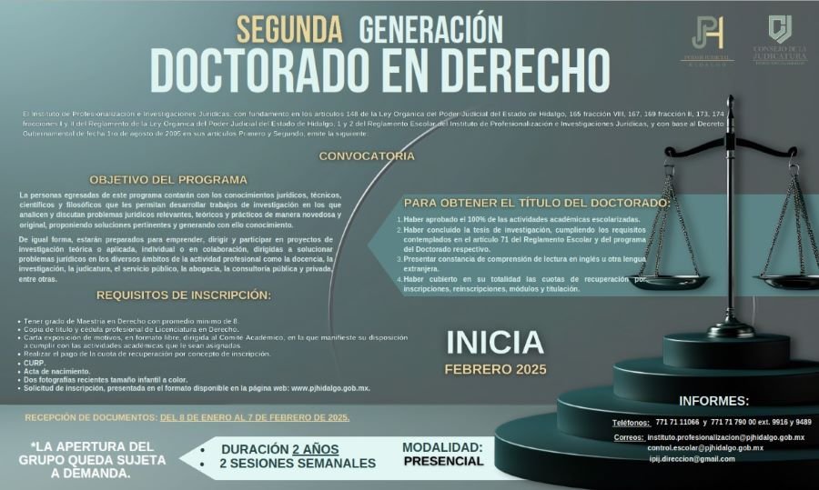 Abre Poder Judicial de Hidalgo Convocatoria Para Doctorado en Derecho
