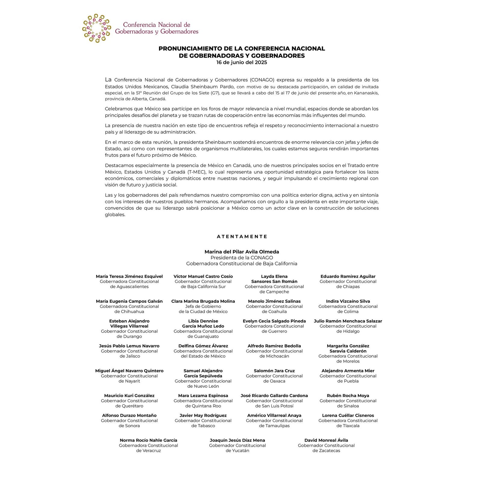 Gobernadores Manifiestan su Apoyo a la Presienta Claudia Sheinbaum al Participar en la Cumbre de los Países G7