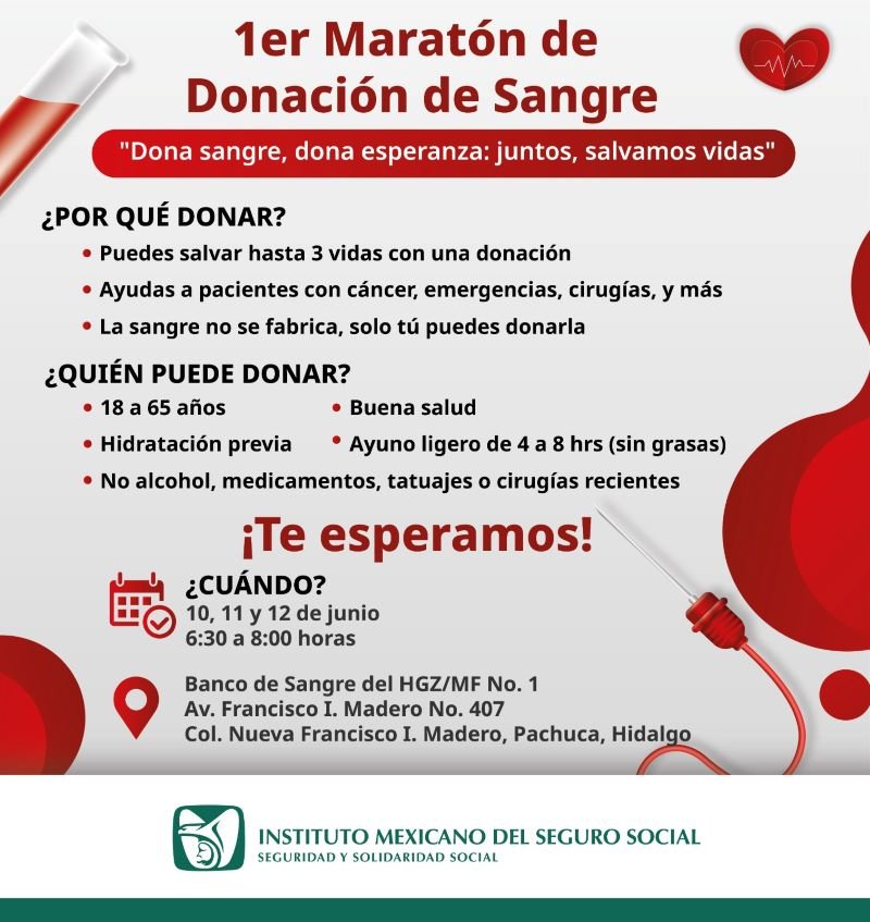 Invita IMSS Hidalgo al Primer Maratón de Donación de Sangre Para Salvar Vidas
