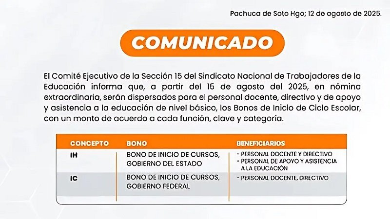 El SNTE Sección 15 Informó Que La Dispersión de Bonos Será en Nómina Extraordinaria a Partir del 15 de Agosto