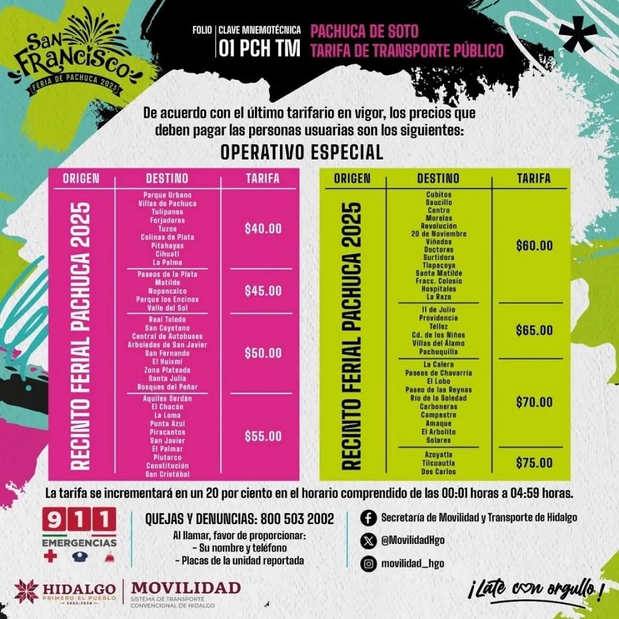 STCH Publica Tarifario Vigente Para El Servicio de Transporte Público Individual (Taxis). En la Feria San Francisco Pachuca 2025