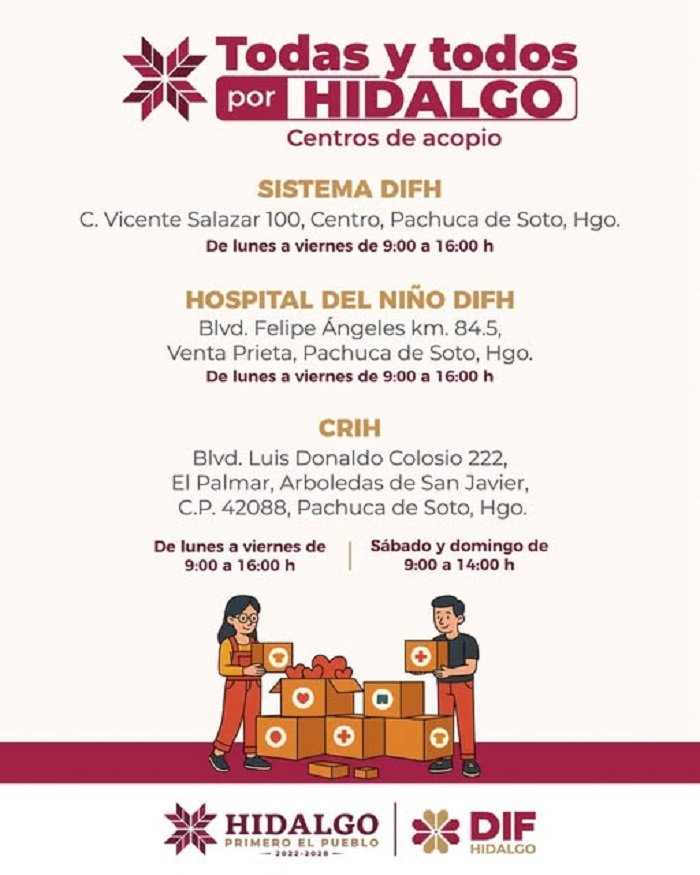 Habilita DIF Hidalgo Centros de Acopio en DIFH, CRIH y HNDIFH y Refugios en Huejutla, Tepeji y Tepeapulco
