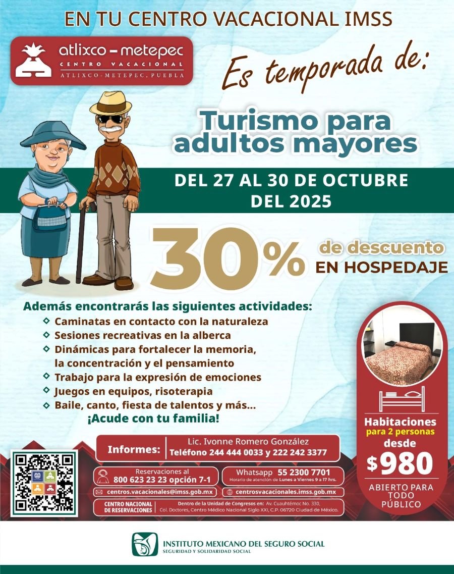 Impulsa IMSS Hidalgo turismo social para personas mayores con destino al Centro Vacacional Atlixco-Metepec