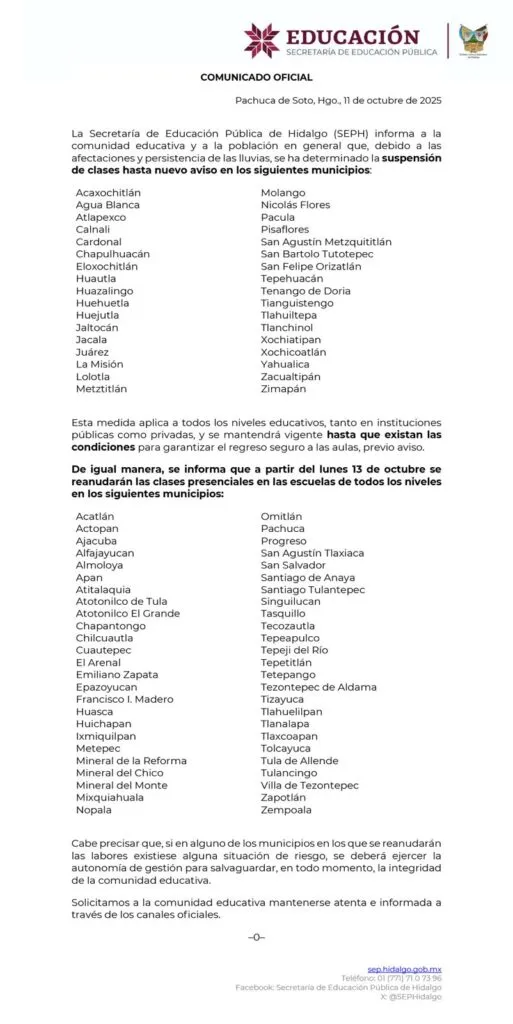 SEPH Decreta Suspensión de Clases en 34 Municipios de Hidalgo.