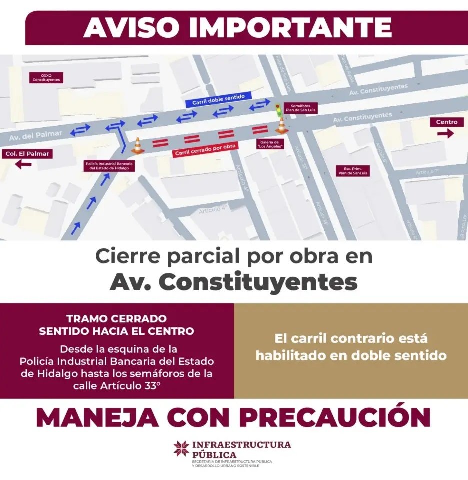 Anuncia SIPDUS Cierre de Carril Por Obras en Avenida Constituyentes de Pachuca