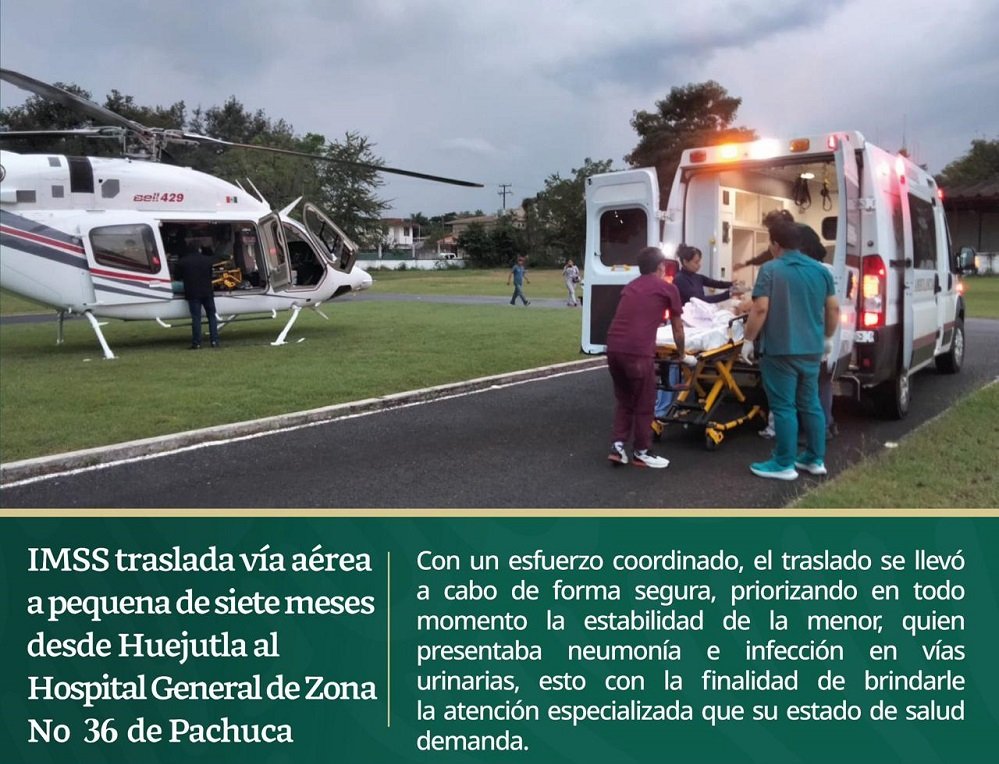 Coordina IMSS Hidalgo traslado aéreo de recién nacida para atención médica especializada