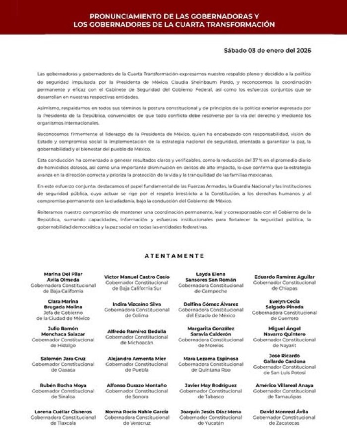 Apoyo de Julio Menchaca y Todos Los Gobernadores de Morena la  Politica de Claudia Sheimbaum Tras la Intervención Militar de Estados Unidos en Venezuela.