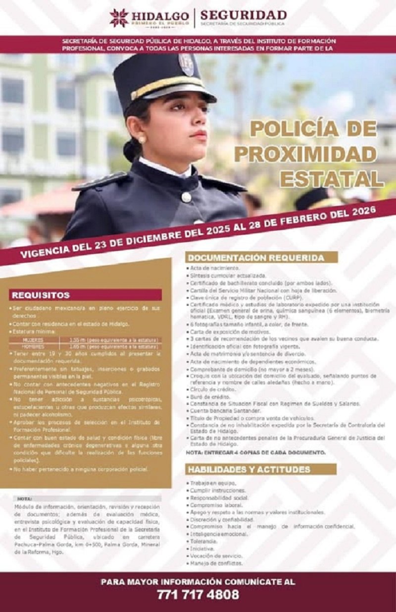 SSPH Convoca a Personas Interesadas en Integrarse a la Policía de Proximidad Estatal