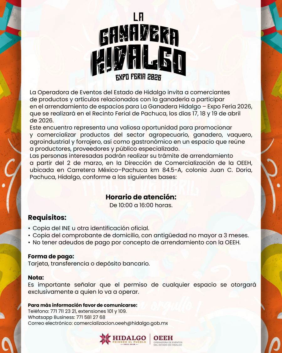 Convoca la OEEH al Arrendamiento de Espacios Para La Ganadera Hidalgo – Expo Feria 2026