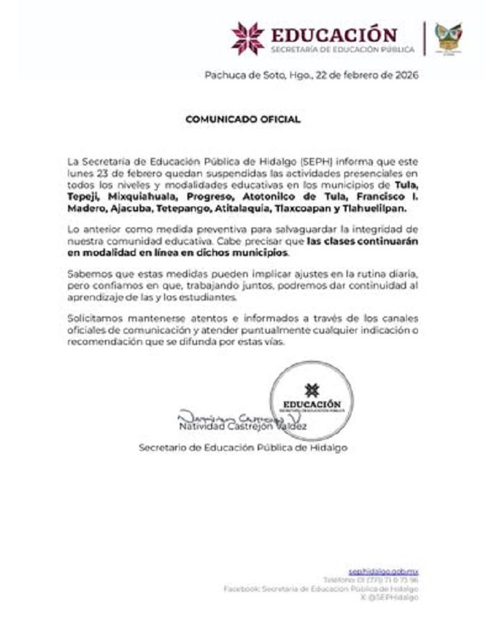 La SEPH Suspende Actividades Presenciales en Todos los Niveles Educativos de 11 Municipios de Hidalgo