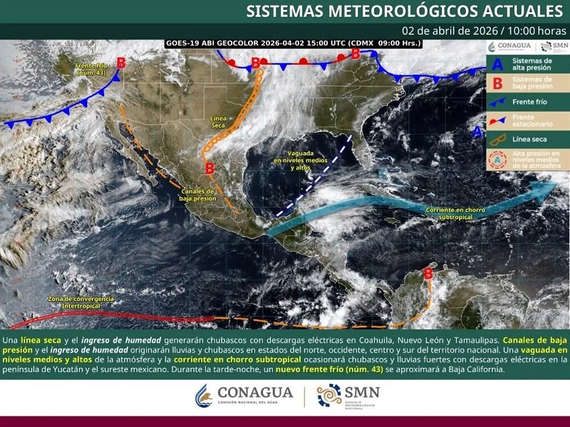 Llega Frente Frio 43, Generará Inestabilidad, Chubascos y Lluvias Fuertes, Descargas Eléctricas,  Caída de Granizo