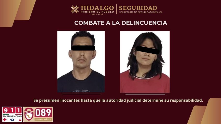SSPH Asegura a Hombre y una Mujer Tras Robo a Comercio San Miguel Vindho, Municipio de Tula