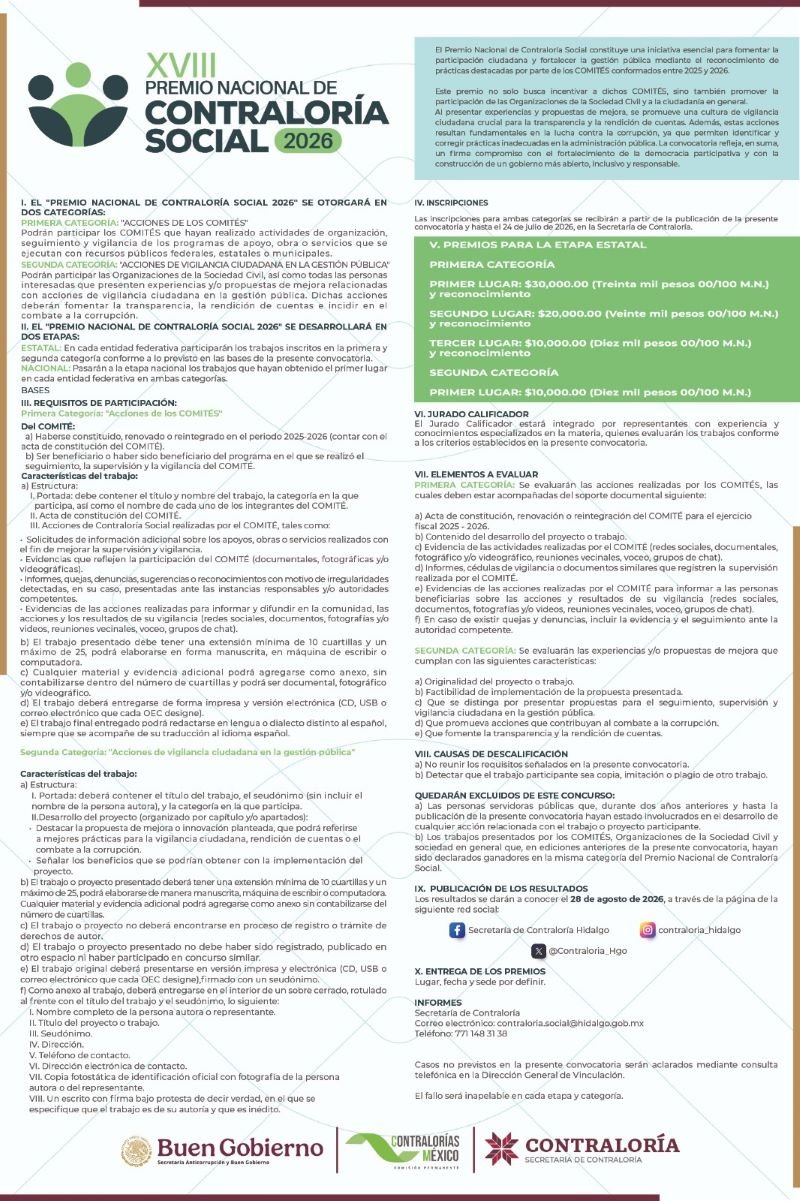Abre Contraloría convocatoria para el Premio Nacional de Contraloría Social 2026 en Hidalgo