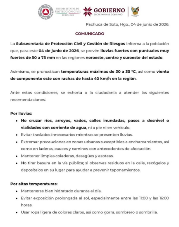 Gobierno de Hidalgo Llama a Extremar Precauciones Ante Pronóstico de Lluvias Intensas