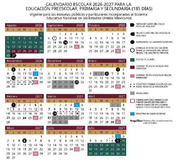SEP publicó en el Diario Oficial de la Federación (DOF) los calendarios escolares para el ciclo lectivo 2026-2027