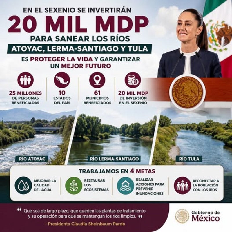 Sheinbaum Va Por el Rescate de los Ríos Atoyac, Lerma-Santiago y Tula con 20 Mil Mdp