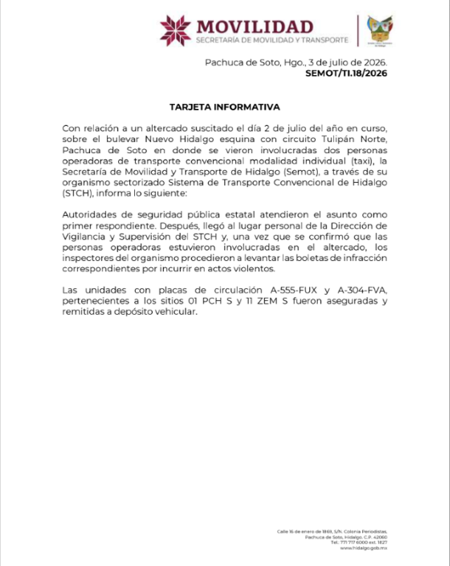 Altercado Entre Dos Personas Operadores de Taxi, Sobre El Bulevar Nuevo Hidalgo