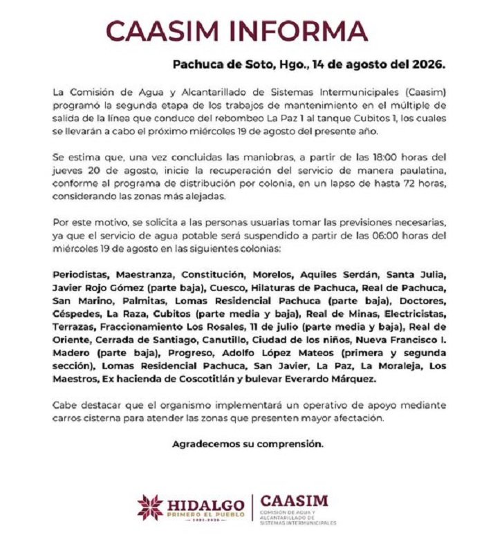 Caasim Suspenderá el Suministro de Agua Potable a 35 Colonias de Pachuca.