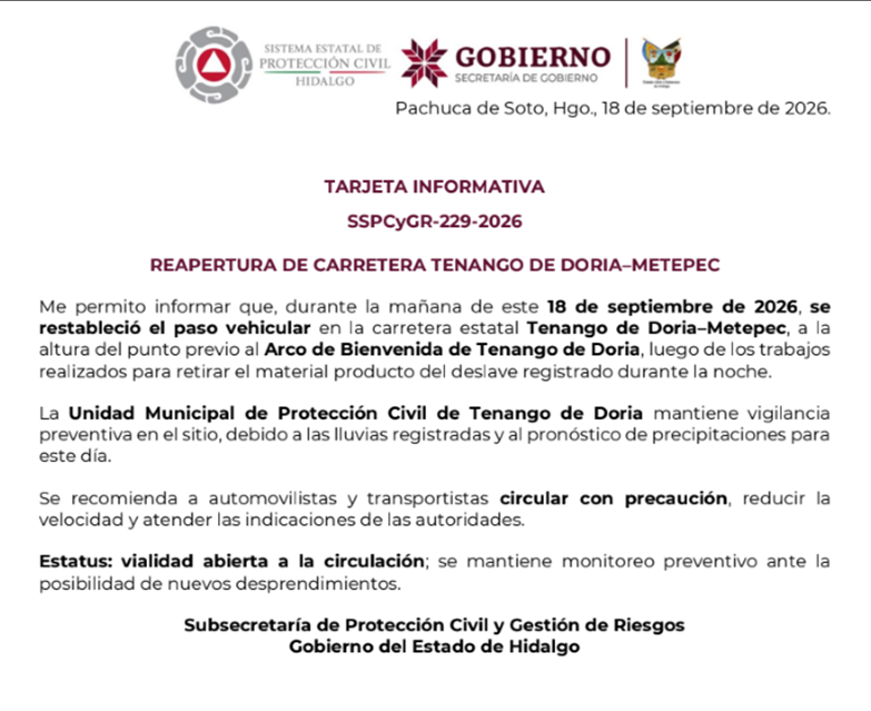Reapertura de Carretera Tenango de Doria–Metepec