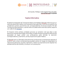 Semot informa sobre el siniestro vial registrado sobre avenida Juárez, esquina con calle 12 de octubrea