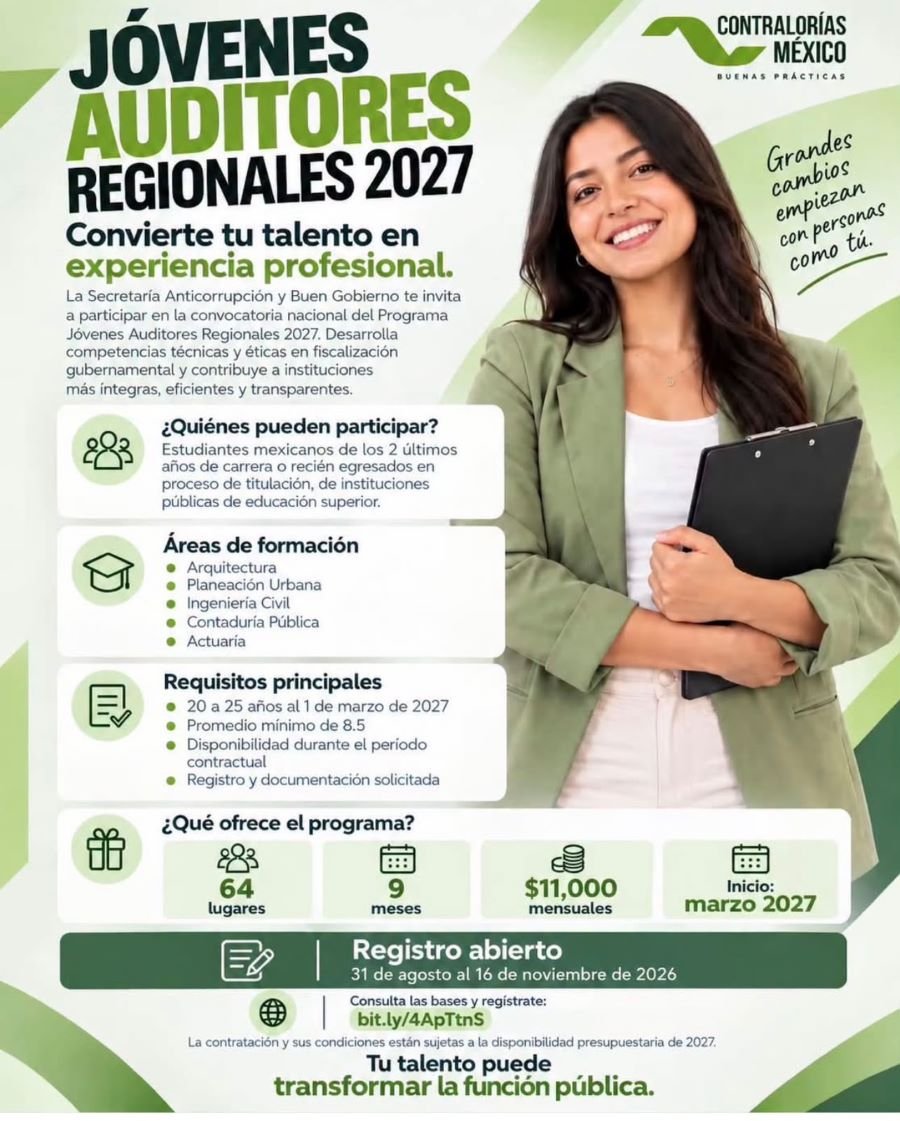 Invita Contraloría a participar en la Convocatoria Nacional del Programa Jóvenes Auditores Regionales 2027.