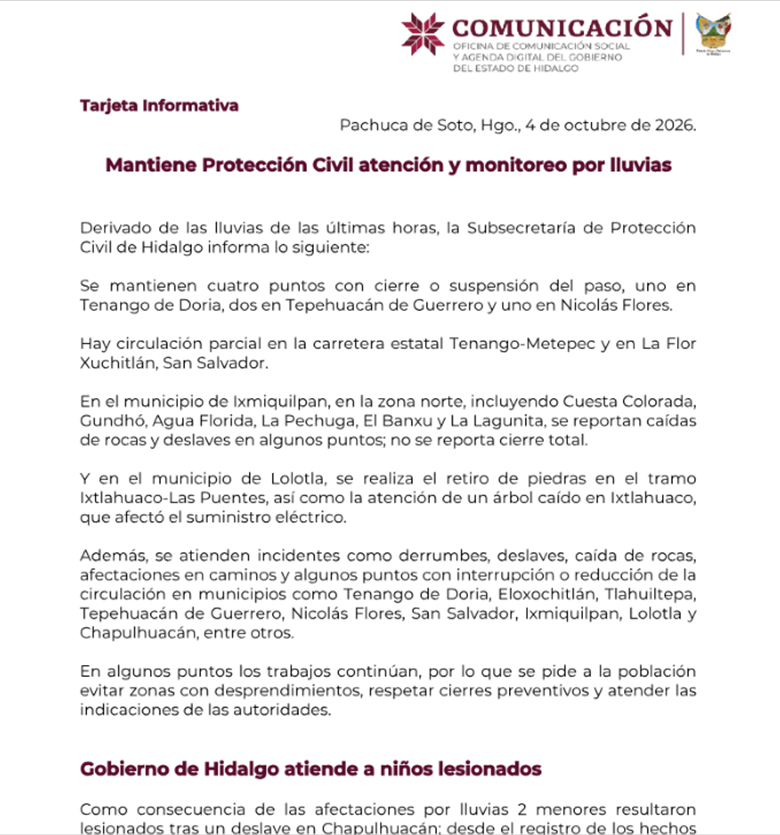 Mantiene Protección Civil atención y monitoreo por lluvias