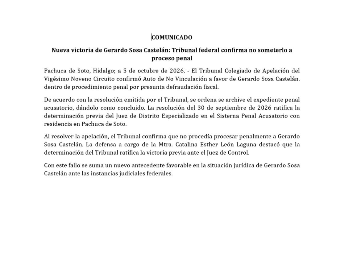 Nueva victoria de Gerardo Sosa Castelán: Tribunal federal confirma no someterlo a proceso penal