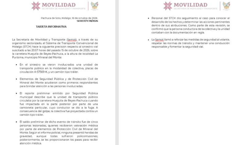 Reporte preliminar sobre un accidente suscitado en la carretera Huejutla-Pachuca donde se vio involucrada una colectiva que terminó proyectada contra un tráiler.