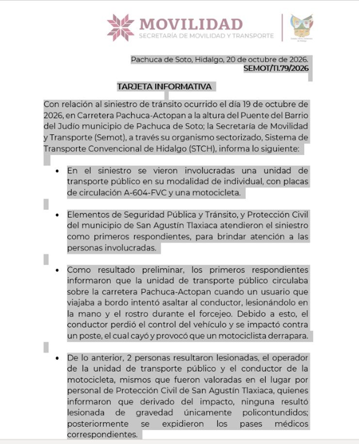 Tarjeta informativa del hecho de tránsito ocurrido en Carretera Pachuca-Actopan.