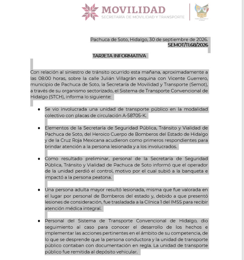 Tarjeta informativa respecto al incidente donde se vio involucrada unidad del Sistema de Transporte Convencional, en el centro de Pachuca